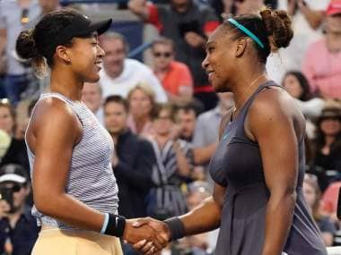 Aug 9, 2019; Toronto, Ontario, Canada; Naomi Osaka (left) congratulates Serena Williams (right) on her win during the Rogers Cup tennis tournament at Aviva Centre. Mandatory Credit: John E. Sokolowski-USA TODAY Sports - 13183897