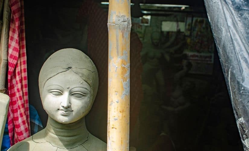 A half-made idol of Durga, waiting to be decked up in jewellery and clothing.