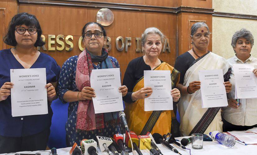 Women’s organisations activists Syeda Hameed, Annie Raja, Poonam Kaushik, Kawaljeet Kaur and Pankhuri Zaheer releases a fact finding report on the situation of Kashmir Valley during a press conference in New Delhi. PTI