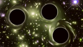 Three black holes on a collision course imaged by multiple telescopes in a first
