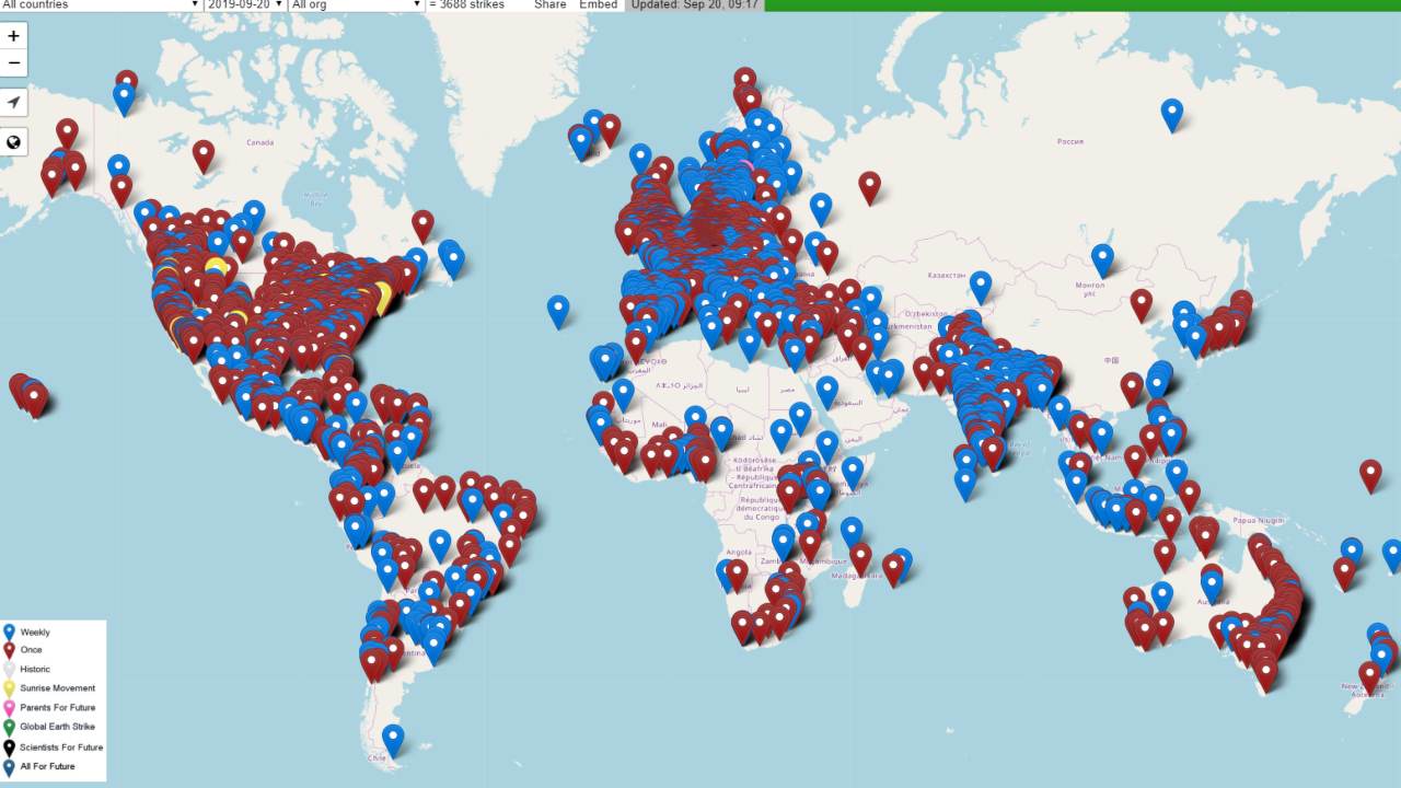 A glance at the 3700 strikes around the world registered with Fridays For Future FFF