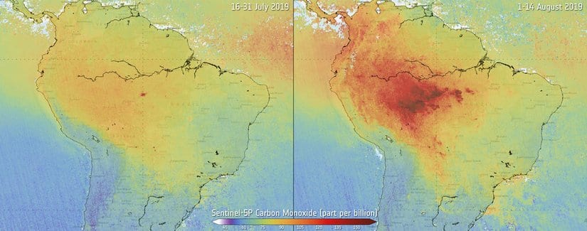 This satellite combo image provided by European Space Agency, ESA, shows levels of carbon monoxide pollution caused by the forest fires in the Amazon, between the second half of July 2019 and the first half of Aug. 2019. The agency said fires released carbon dioxide once stored in the Amazon forests back into the atmosphere, potentially having an impact on the global climate and health. AP
