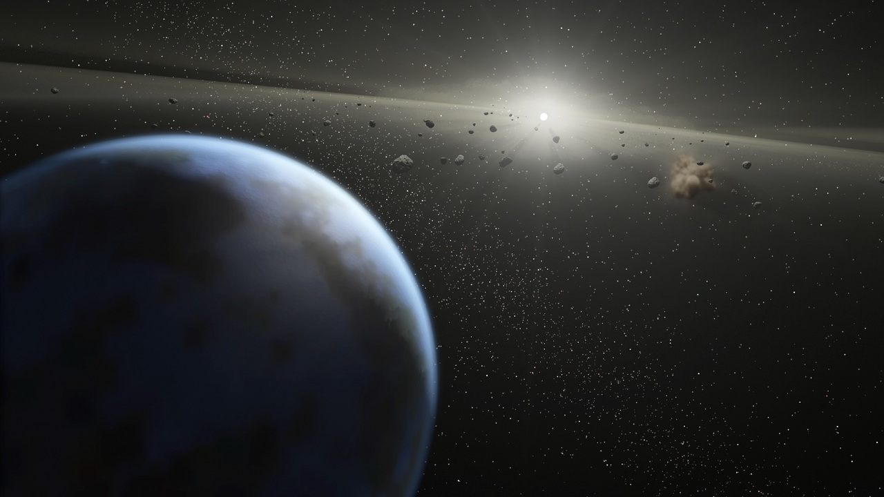 An artist's visualization of asteroids in the solar system.