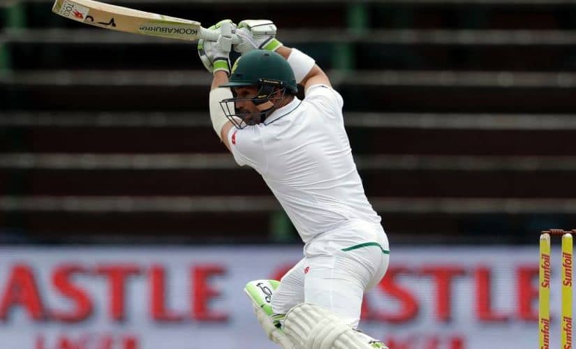 South Africa's batsman Dean Elgar watches his shot on the fourth day of the third cricket test match between South Africa and India at the Wanderers Stadium in Johannesburg, South Africa, Saturday, Jan. 27, 2018. (AP Photo/Themba Hadebe)