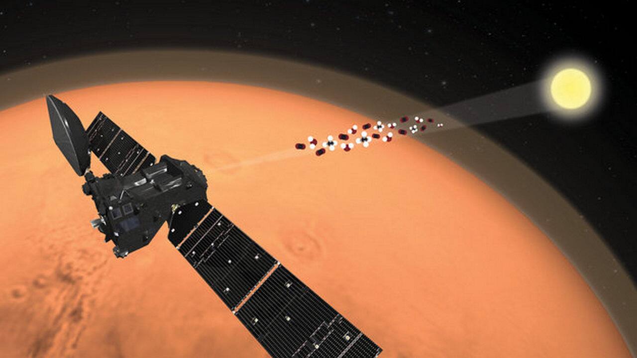 Artist illustration of the Exo Mars Trace Gas Orbiter analysing the Martian atmosphere. Image credit: ESA