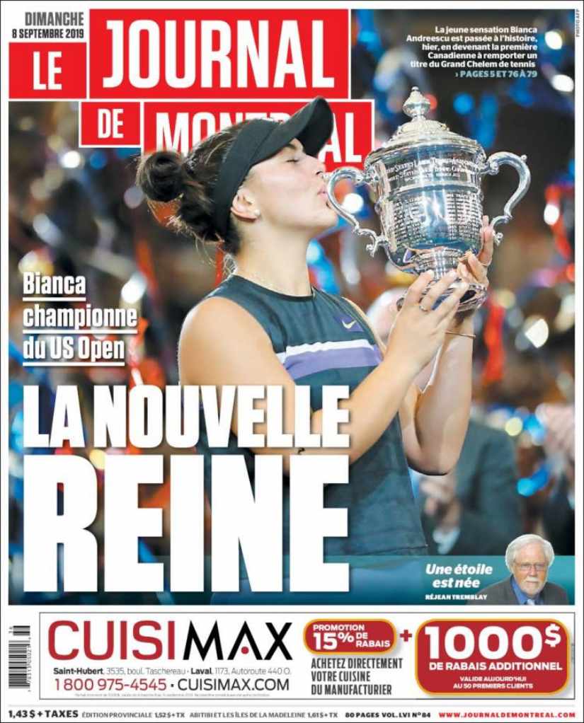 Montreal Journal's front page read 'The New Queen' for Bianca Andreescu's US Open triumph. 
