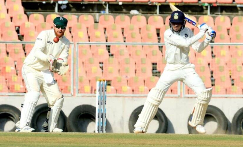 Shubman Gill crashes one through the off side. Image courtesy: Twitter @RealShubmanGill