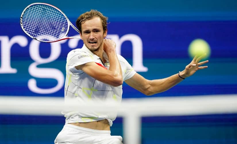 Daniil Medvedev returns a shot to Rafael Nadal during the men’s singles final of the US Open. AP