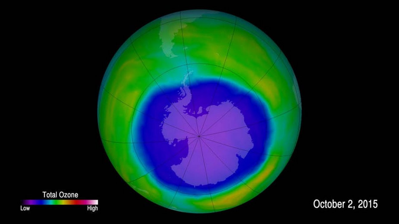 False-color image of ozone concentrations above Antarctica on Oct. 2, 2015. image credit: NASA/Goddard Space Flight Center
