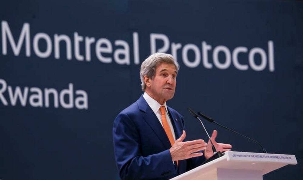 U.S. Secretary of State John Kerry delivers a speech to delegates from Montreal Protocol member countries in Kigali, Rwanda, Oct. 14, 2016. At the meeting nations agreed on a deal to phase out hydrofluorocarbons from air conditioners and refrigerators. image credit: AP Photo