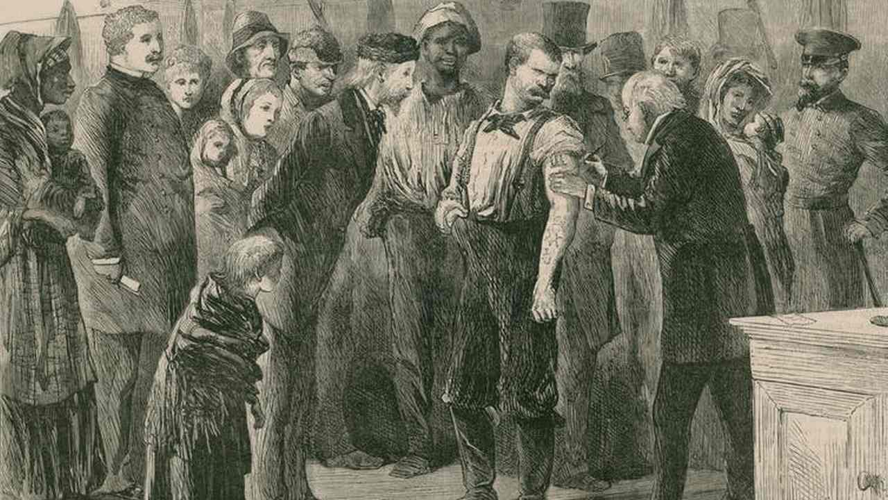 ‘Vaccinating the poor of New York City against smallpox in 1872’. In 1863, mass production of smallpox vaccine was developed, allowing for broad immunisation of North American and European populations. image credit: Everett Historical/Shutterstock
