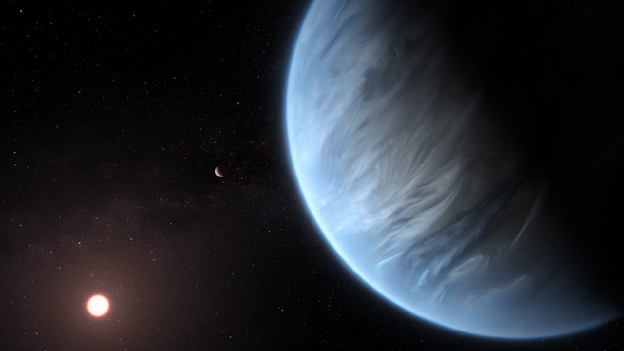 Artist’s impression of planet K2-18 b, its host star and an accompanying planet in this system. image credit: ESA/Hubble, M. Kornmesser, Author provided