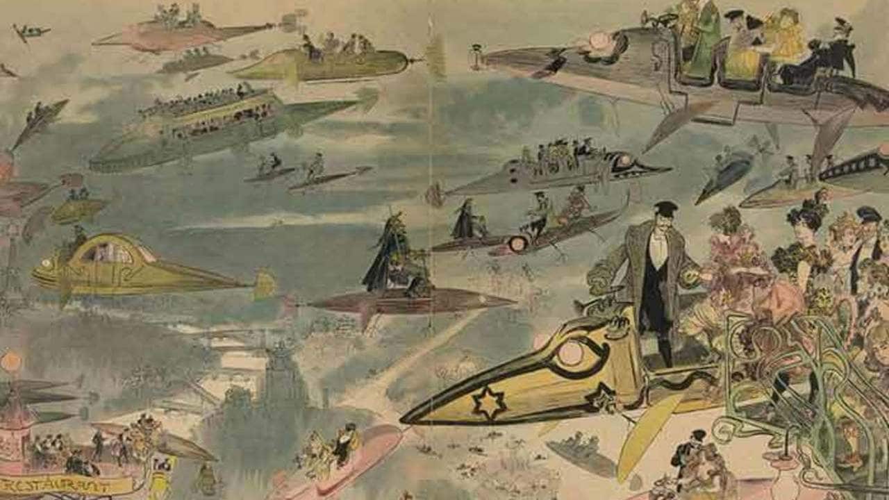 Le Sortie de l’opéra. Air travel over Paris in 2000, as imagined in the late 1800s. image credit: Library of Congress