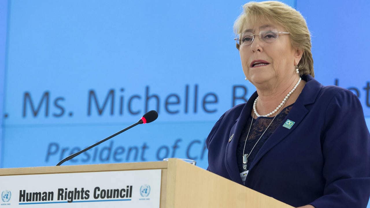 Michele Bachelet, Presidente of Chile speaks during Special Session of the Human Rights Council. 29 March 2017.
