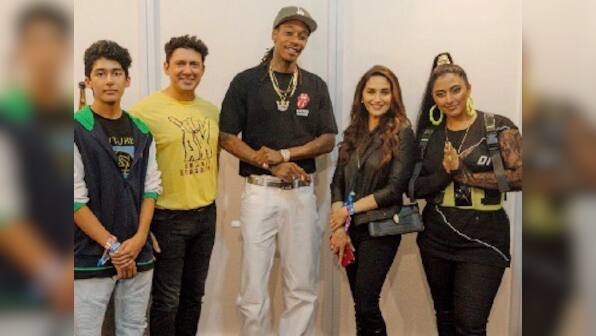Madhuri Dixit Nene poses with Wiz Khalifa, Raja Kumari after concert in Mumbai