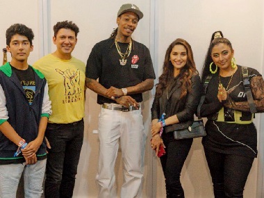 Madhuri Dixit Nene poses with Wiz Khalifa, Raja Kumari after concert in Mumbai Madhuri Dixit Nene poses with Wiz Khalifa, Raja Kumari after concert in Mumbai