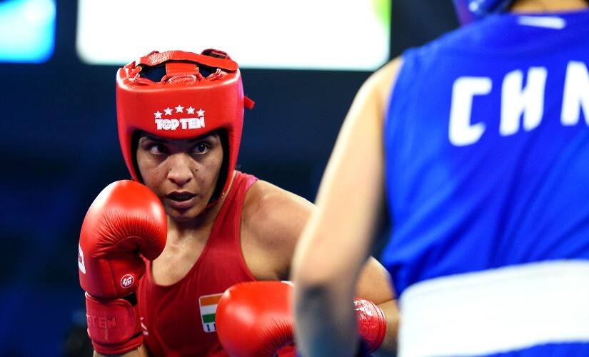 Simranjit Kaur in action during the women&rsquo;s Light Welter (64kg) category semi-final fight at the 2018 AIBA Women&rsquo;s World Boxing Championships. AFP