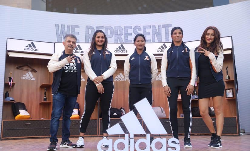 Dipika Pallikal, Swapna Barman and Simranjeet Kaur at the launch of the Adidas VRCT jacket in Delhi. Image credits Kaizzen