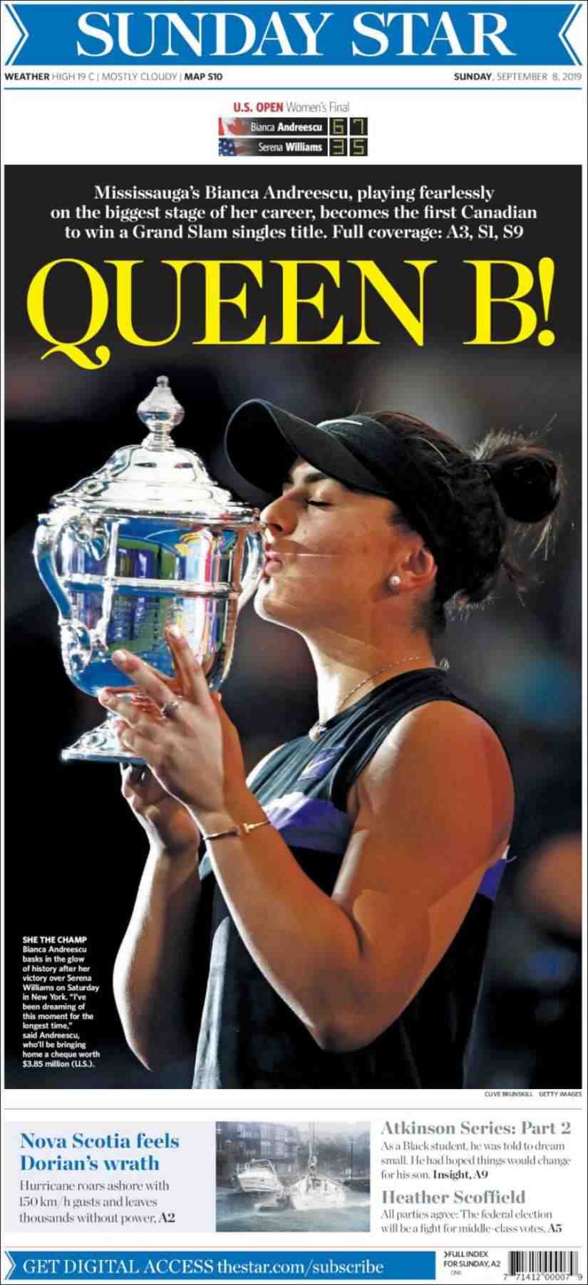 Toronto Star went with 'Queen B' on their front page for 19-year-old US Open champion Bianca Andreescu. 