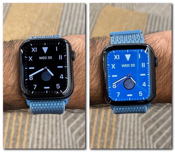 The Apple Watch Series 5 has an always-on display which becomes dark when you are not actively engaging with the Watch (L) . It lights up when you twist your wrist to face your eyes (R). Image: tech2
