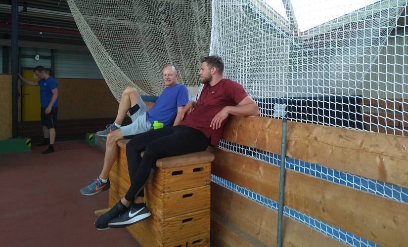 Andreas Hofmann has a word with his coach Lutz Klemm after a gruelling training session in Mannheim. Image: Amit Kamath
