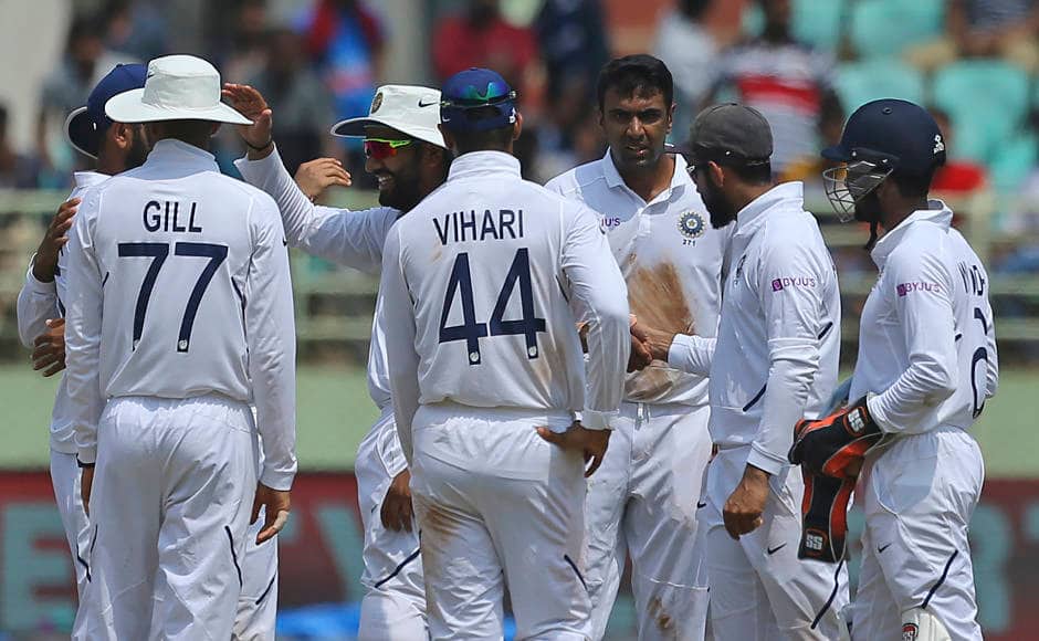 R Ashwin celebrates the dismissal of Faf du Plessis, who departed after scoring 55 runs. AP 