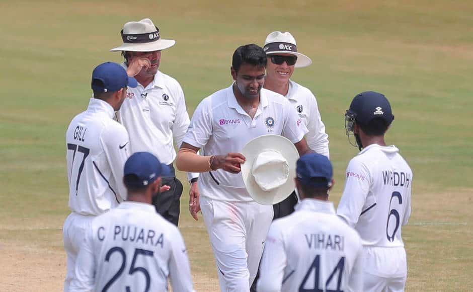 Ravichandran Ashwin is all smiles after dismissing Kagiso Rabada early in the day as the Proteas were dismissed for 431 runs. The Tamil Nadu cricketer registered impressive figures of 7-145 to give the hosts a 71-run lead. AP 