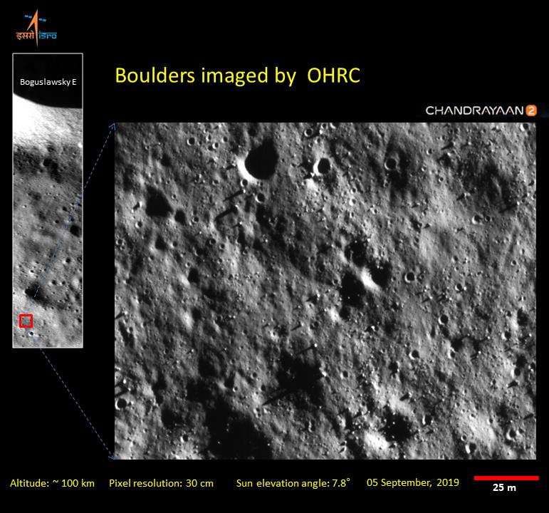Close-up of boulders the surface of the moon taken by the high-resolution camera (OHRC) of the Chandrayaan 2 orbiter Image: ISRO
