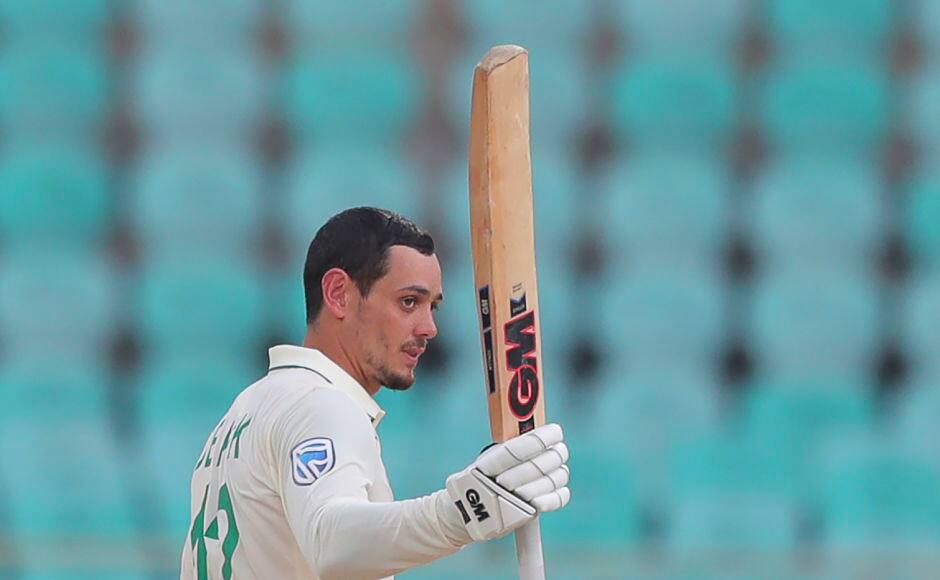 quinton de Kock celebrates after scoring a century. AP 