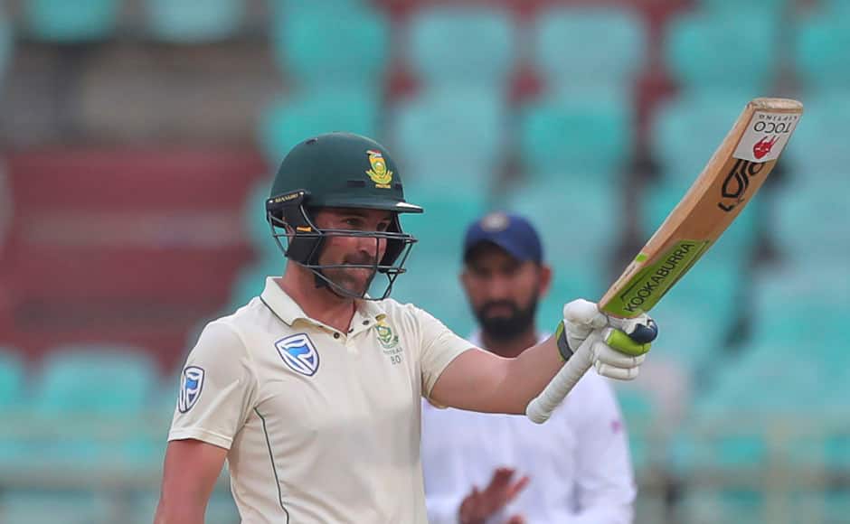 South Africa’s Dean Elgar raises his bat after reaching 150 runs. The opener went onto make 160 runs. AP 