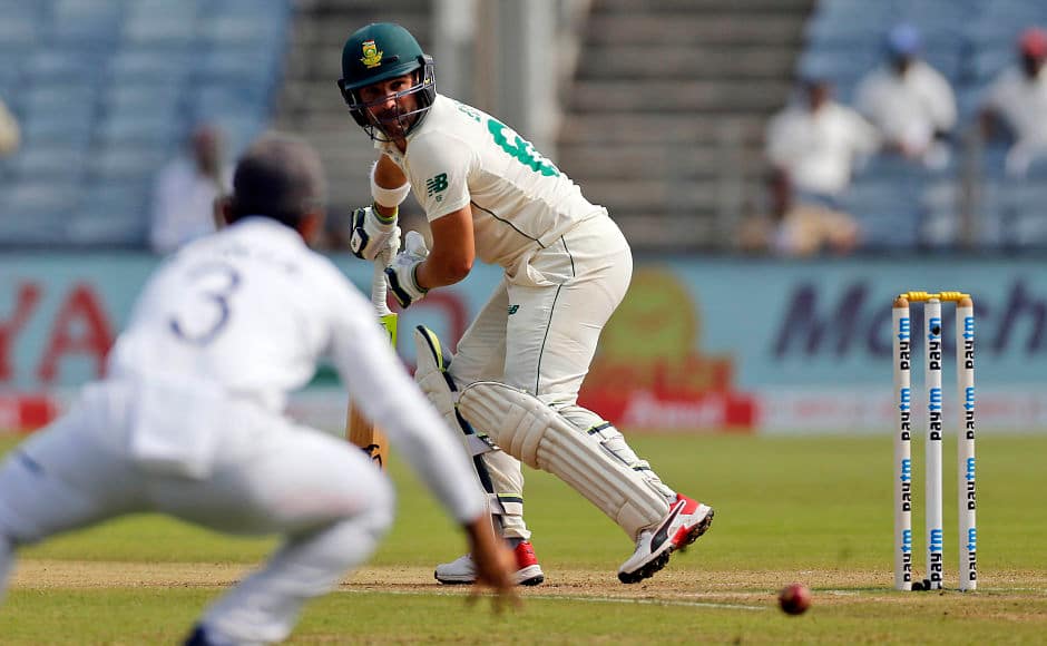 On a day when most of South Africa’s batsmen failed, Dean Elgar put up a hard-fought effort with a knock of 48. Elgar was dismissed by R Ashwin courtesy a catch by Umesh Yadav at mid-off. AP
