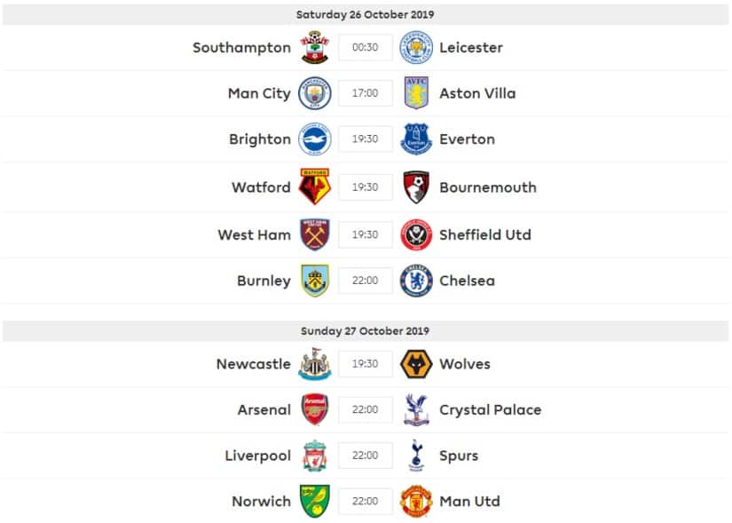 Gameweek 10 fixtures for the 2019/20 Premier League season.