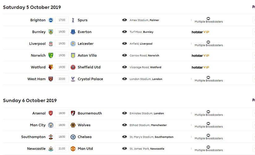 Fixtures for gameweek 8. Image: Premier League official website