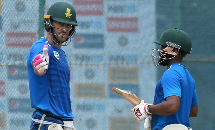 Skipper Faf du Plessis (L) with his deputy Temba Bavuma during pre-series practice. AP