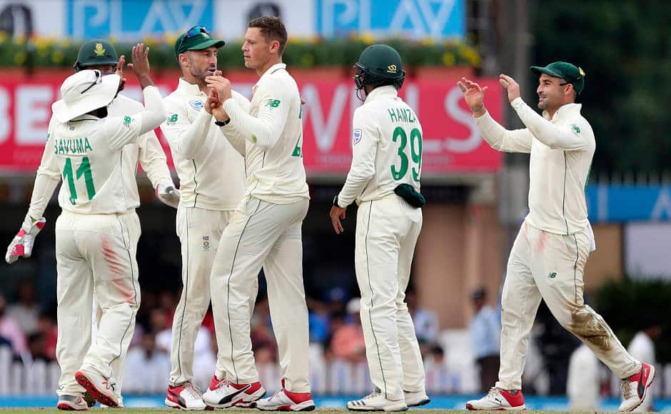 South Africa’s George Linde celebrates the dismissal of Wriddhiman Saha. Linde finished with figures of 4-133. AP 
