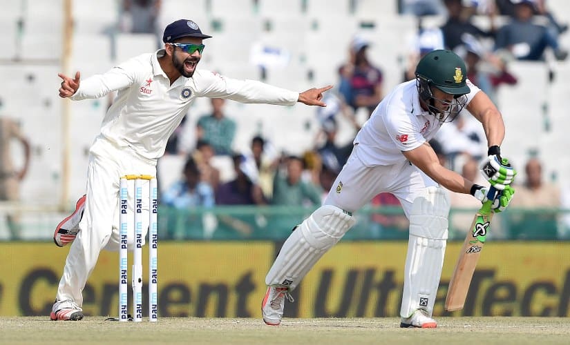 Indian captain Virat Kohli celebrates as his opposite number Faf du Plessis is adjudged leg before wicket, during South Africa&rsquo;s last tour of India in 2015. AFP