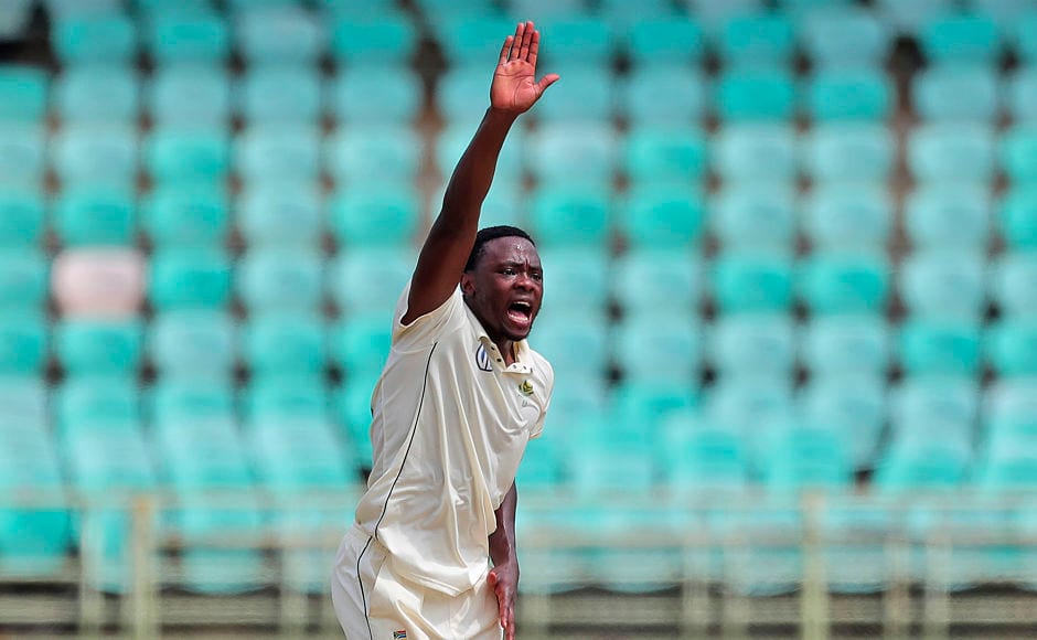 South Africa’s Kagiso Rabada unsuccessfully appeals for the wicket of Mayank Agarwal. Rabada was the most economical bowler on the opening day for the Proteas in an otherwise disappointing start to their ICC World Test Championships campaign. AP 
