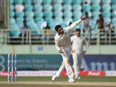 Keshav Maharaj in action in the first Test match between India and South Africa. AFP