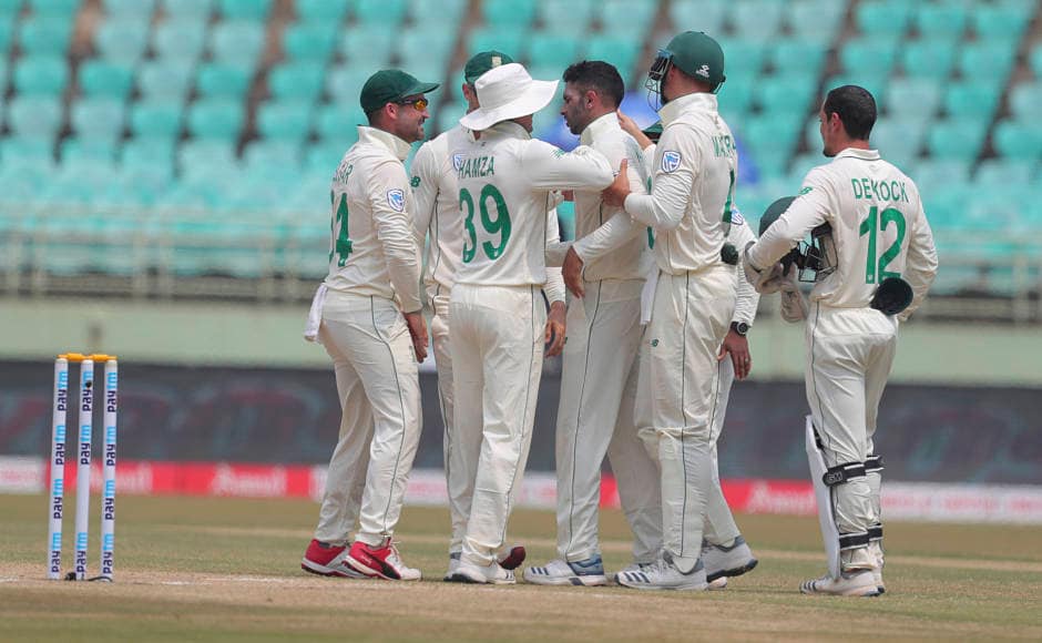 Keshav Maharaj celebrates as he dismisses India opener Mayank Agarwal early in the second innings. AP 