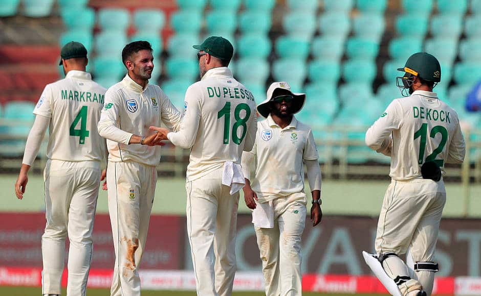 South Africa’s Keshav Maharaj celebrates the dismissal of Hanuma Vihari, who managed to score just 10 runs. Maharaj finished with a spell of 3/189. AP 