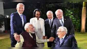 Narendra Modi meets Tony Blair, John Howard and Henry Kissinger at JP Morgan International Council meet in Delhi