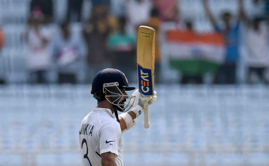 Ajinkya Rahane celebrates after scoring his century. This was his first Test ton on home turf since 2016. AP 