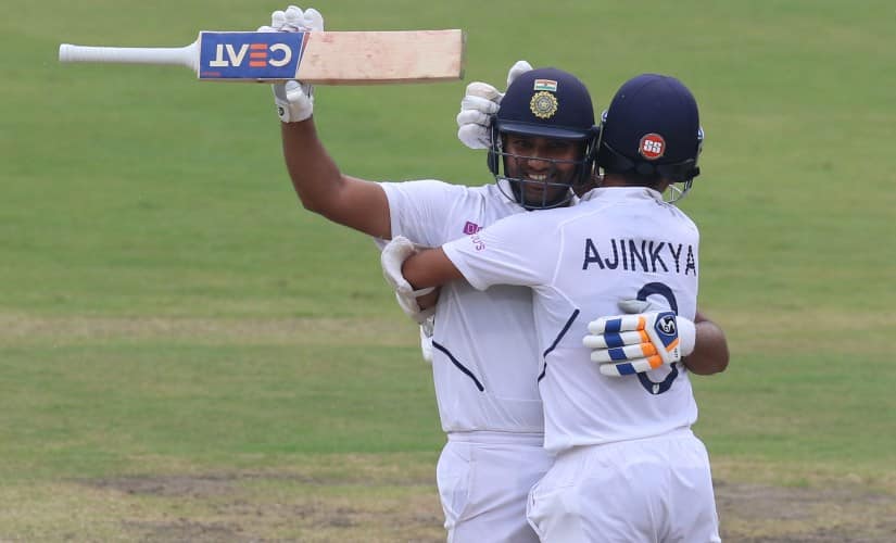 Rohit Sharma of India celebrates his Hundred runs with Ajinkya Rahane (vc)of India during day one of the third test match between India and South Africa held at the JSCA International Stadium Complex, Ranchi India on the 19th October 2019 Photo by Deepak Malik / SPORTZPICS for BCCI