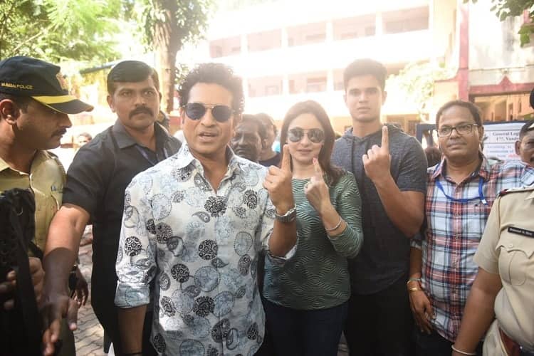 Sachin Tendulkar along with wife Anjali and son Arjun Tendulkar cast vote at Pali Chimbai school in Bandra, Mumbai