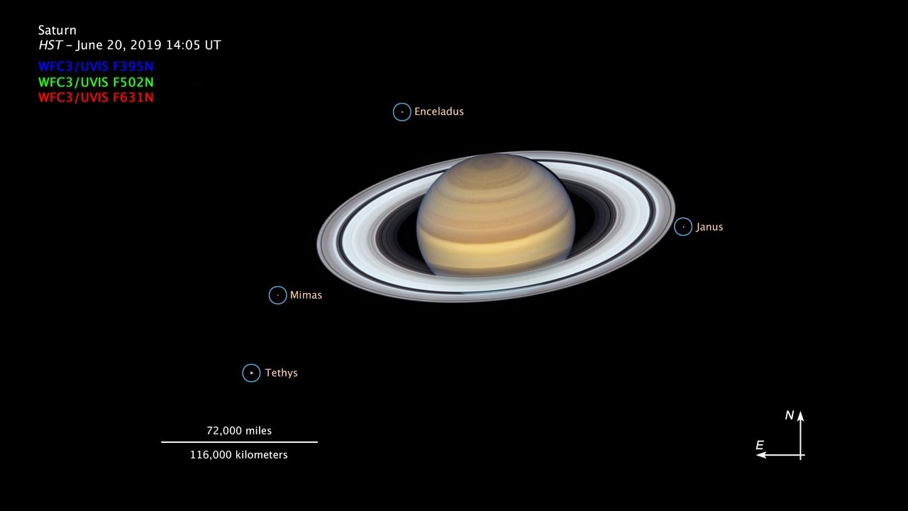 An annotated photo of Saturn with several of its moon, captured on 20 June by Hubble. Image: NASA