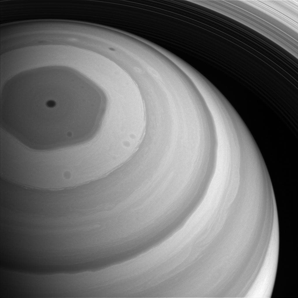 Saturn's northern vortex close up, as seen by the Cassini spacecraft in 2016, from 1.2 million kilometers away. Image: NASA