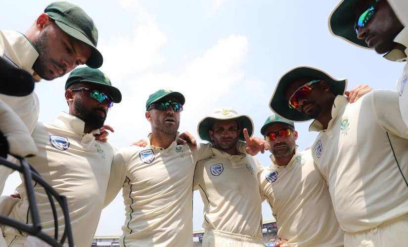 Faf du Plessis (c) of South Africa with teammates during day 4 of the first test match between India and South Africa held at the ACA-VDCA Stadium, Visakhapatnam, India on the 5th October 2019 Photo by Deepak Malik / SPORTZPICS for BCCI