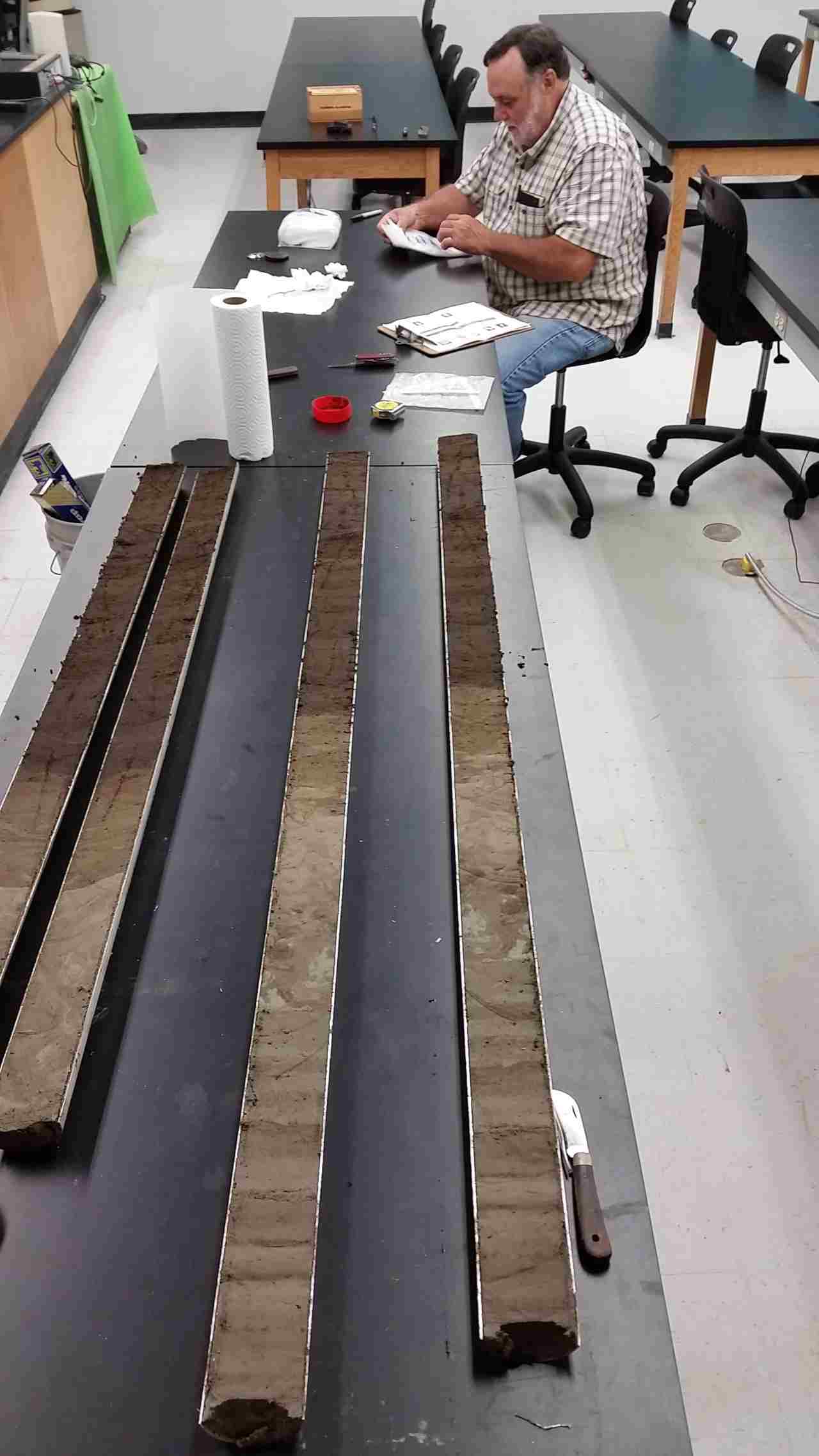 The long sediment cores are cut in half in order to extract samples for analysis. Image credit: Christopher R Moore