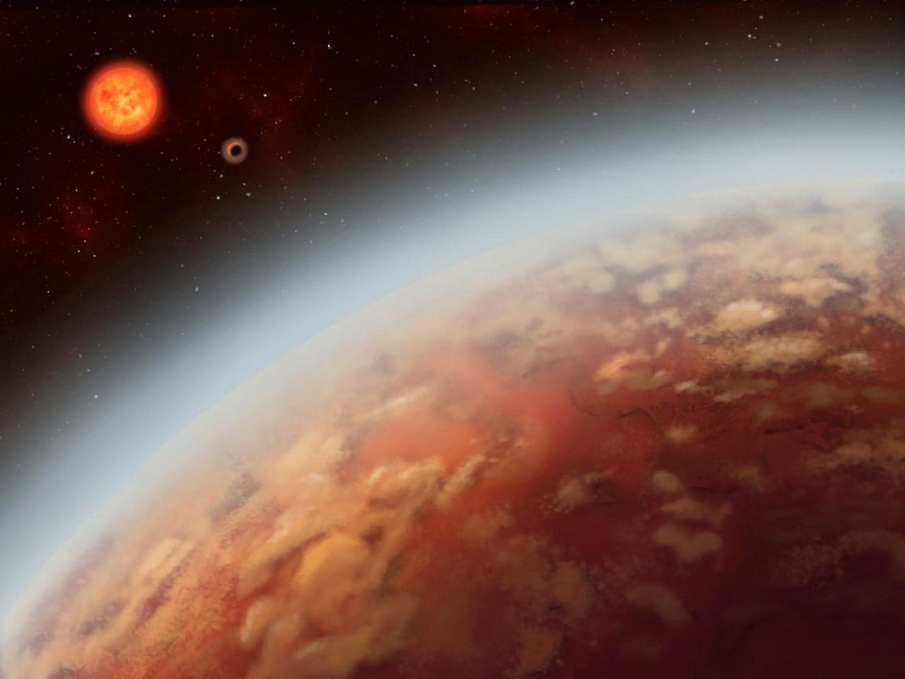 Artist’s concept showing two super-Earth exoplanets, K2-18b and c, orbiting the red dwarf star K2-18. Image credit: Alex Boersma