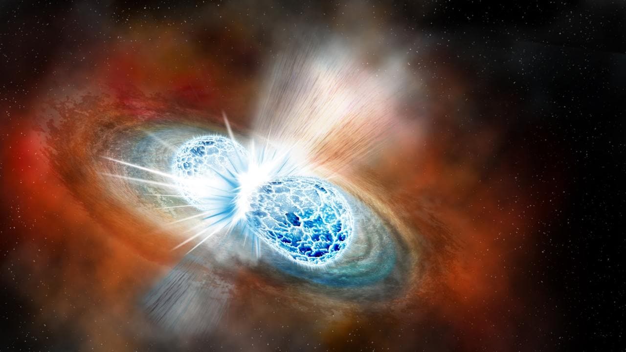 Two neutron stars collided for the first time in space, causing gravitational waves, a burst of light and precious metals to be sprinkled across the universe. Image: ESO